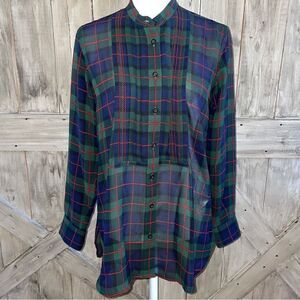 Chaps Plisse Pleated Tartan Plaid Blouse